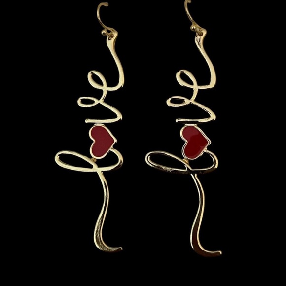 Love dangle hook back earrings gold tone and red enamel heart - Picture 1 of 3